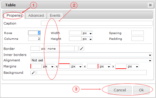 Editor Table | CMS Tools Files | Documentation: Table properties (image)