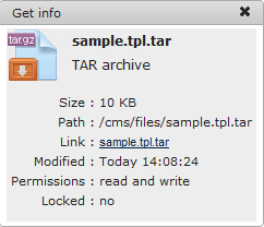 Manager Get Info | CMS Tools Files | Documentation: File/folder info box with file right click context menu (image)