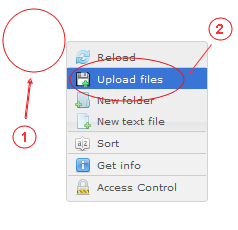 Manager Upload | CMS Tools Files | Documentation: Upload files with active folder area right click context menu (image)