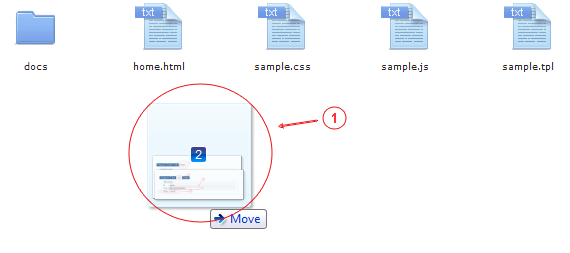 Manager Upload | CMS Tools Files | Documentation: Upload files with drag & drop from PC folder into files manager active folder area (image)