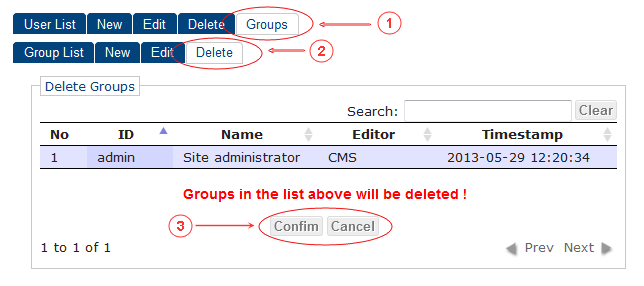 Delete | CMS Tools Groups | Documentation (image)