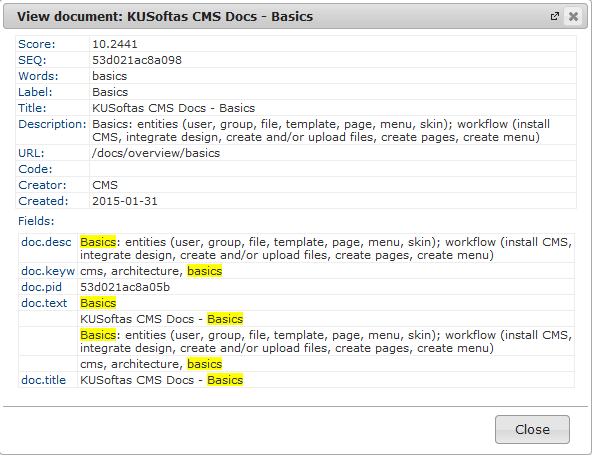 Search | CMS Tools Indexing| Documentation view indexed item data (image)