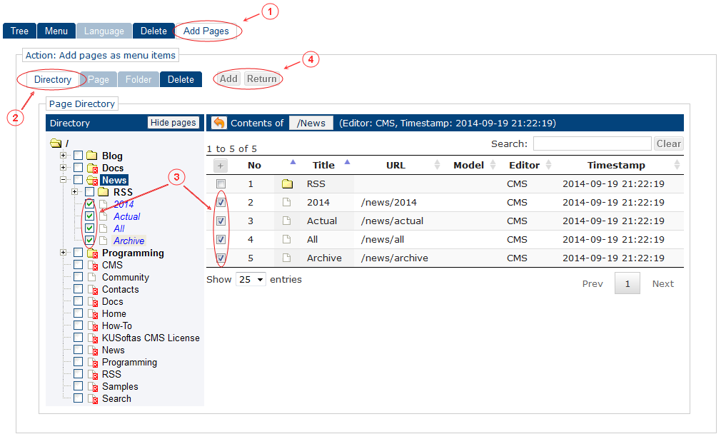 Add Pages | CMS Tools Menu | Documentation (image)