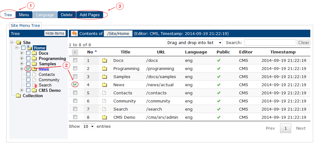 Add Pages | CMS Tools Menu | Documentation (image)