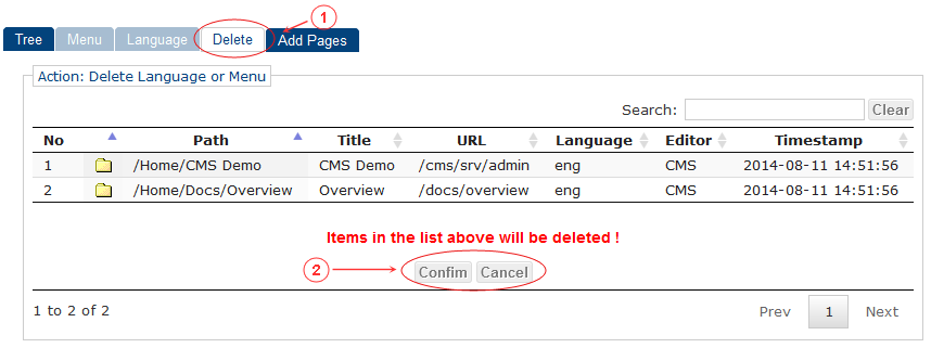 Delete Language Menu Confirm | CMS Tools Menu | Documentation (image)