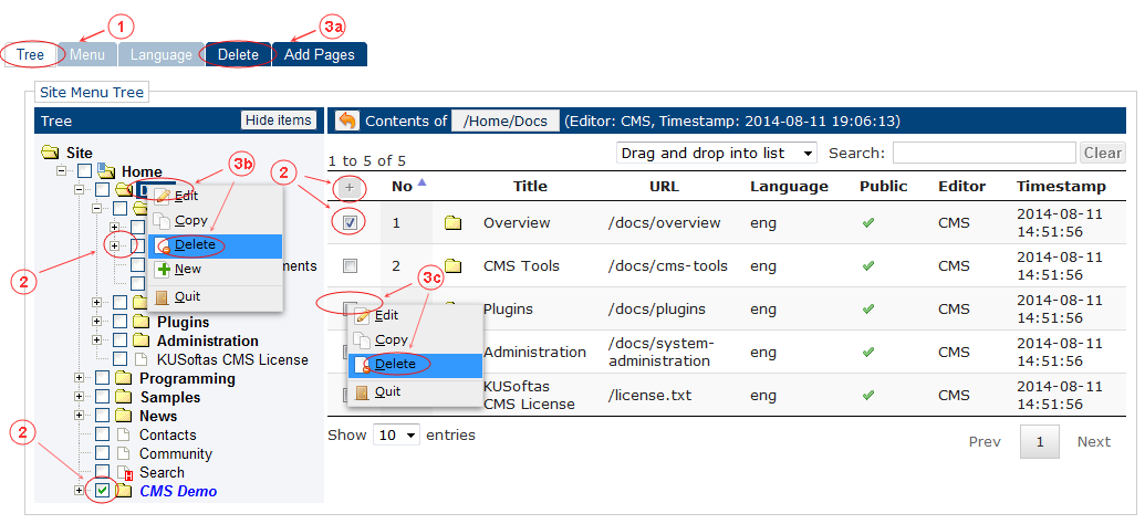 Delete Language Menu Start | CMS Tools Menu | Documentation (image)