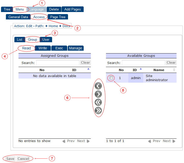 New Edit Menu Access Control Rights | CMS Tools Menu | Documentation (image)