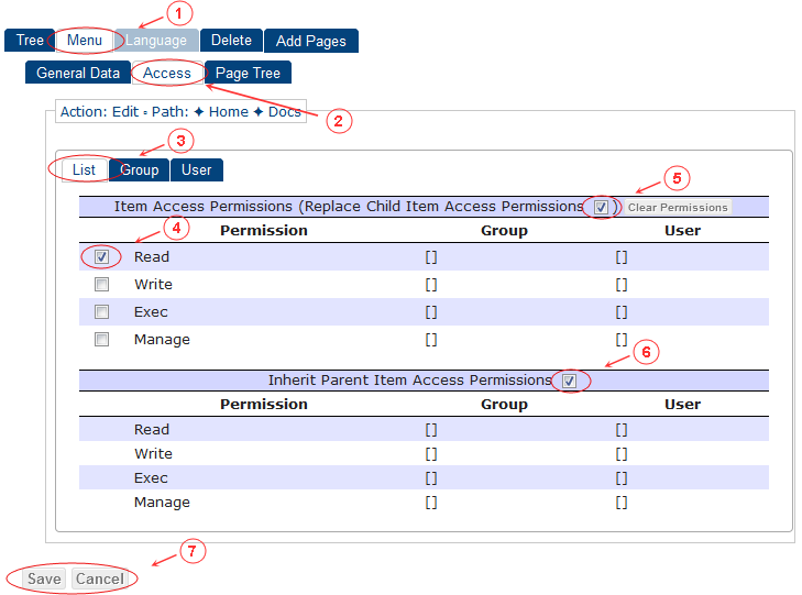 New Edit Menu Access Control List | CMS Tools Menu | Documentation (image)