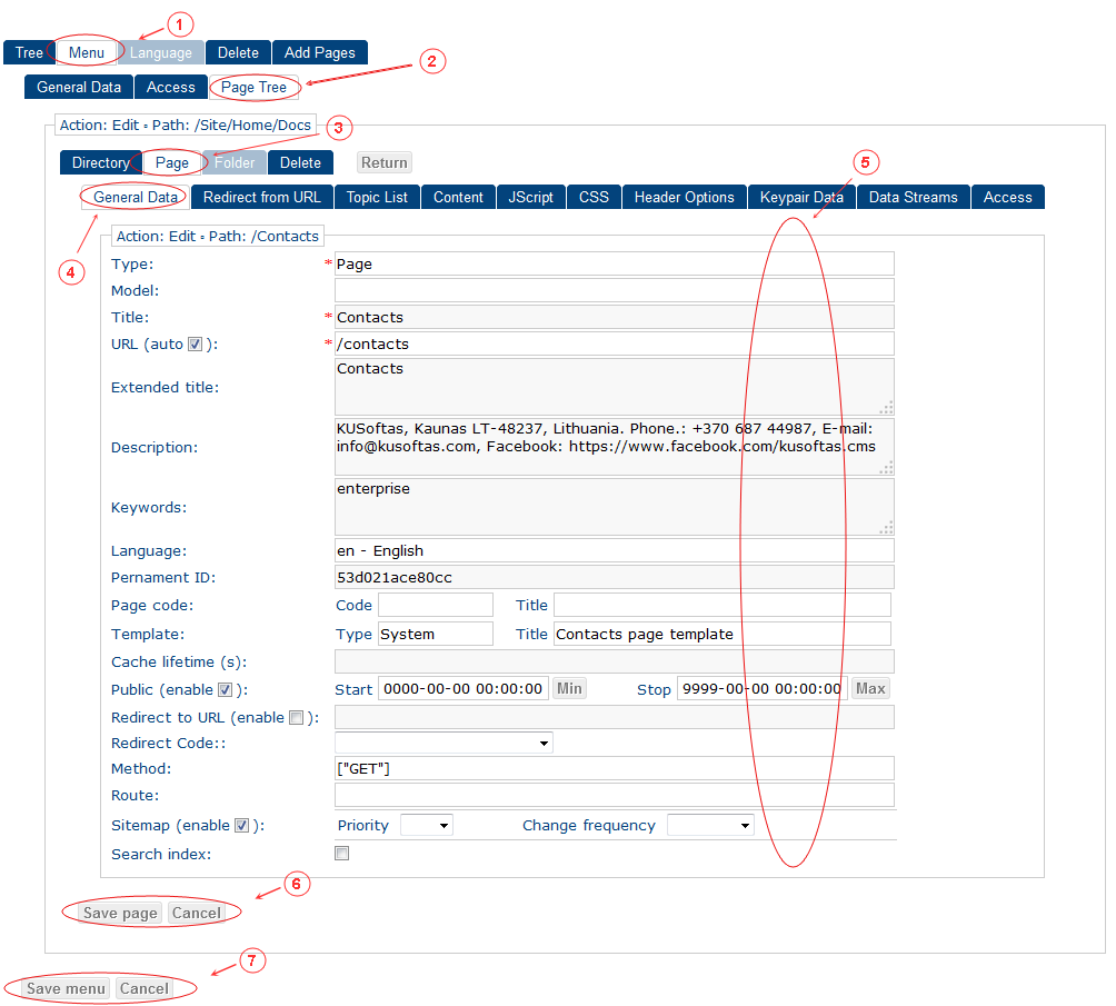 New Edit Menu General Data | CMS Tools Menu | Documentation: edit page (image)