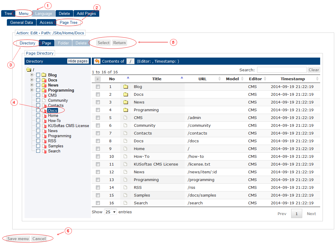 New Edit Menu General Data | CMS Tools Menu | Documentation: select page (image)