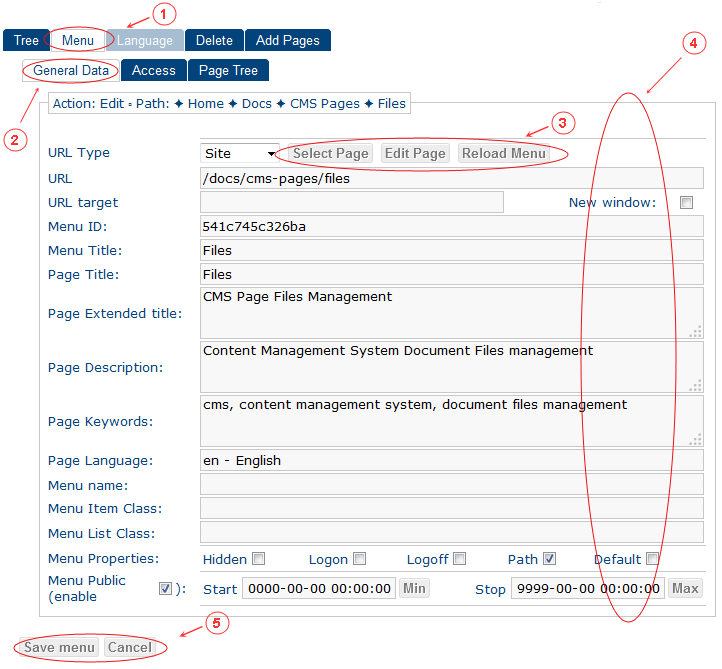 New Edit Menu General Data | CMS Tools Menu | Documentation (image)