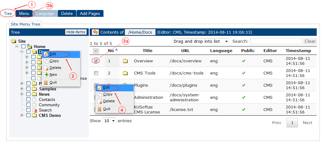 New Edit Menu Start | CMS Tools Menu | Documentation (image)