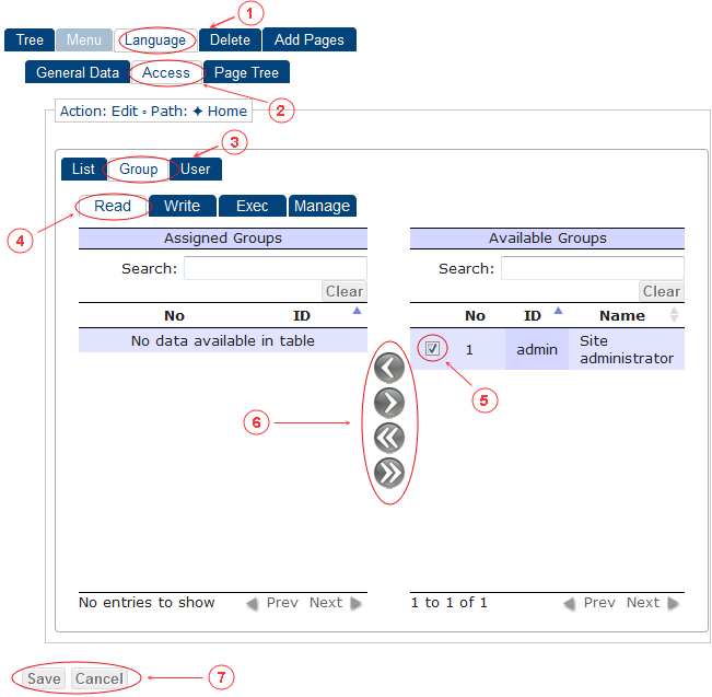 New Edit Language Access Control Rights | CMS Tools Menu | Documentation (image)