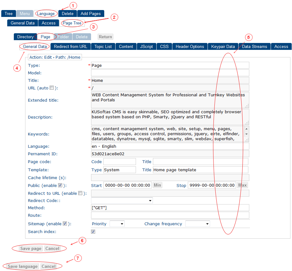 New Edit Language General Data | CMS Tools Menu | Documentation: edit page (image)