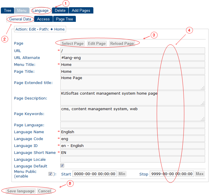 New Edit Language General Data | CMS Tools Menu | Documentation (image)