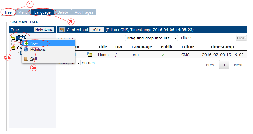 New Edit Language Start | CMS Tools Menu | Documentation (image)