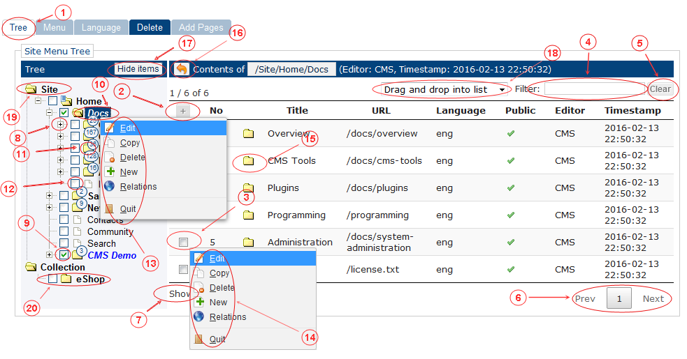 Menu Tree Reference | CMS Tools Menu | Documentation (image)