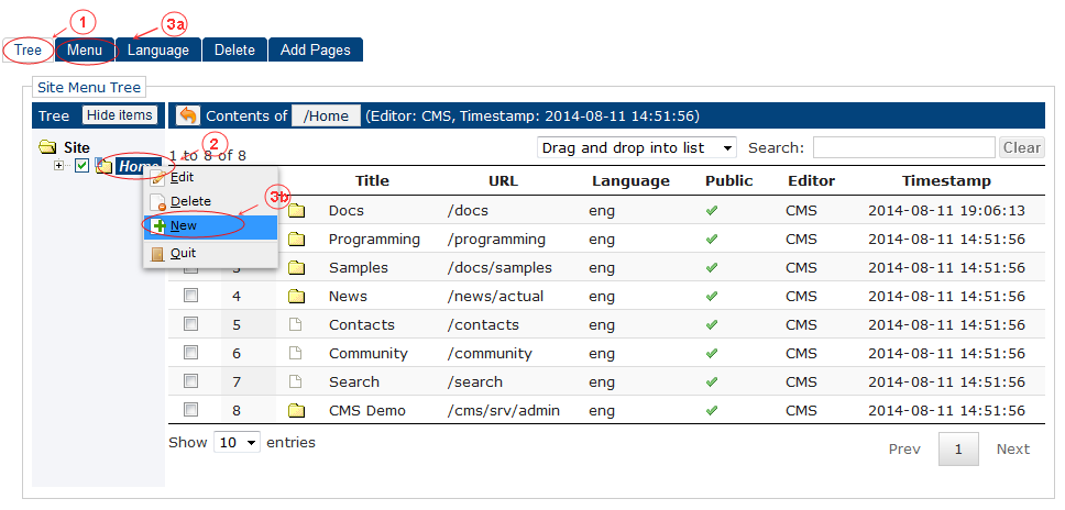 New Edit Menu Start New | CMS Tools Menu | Documentation (image)