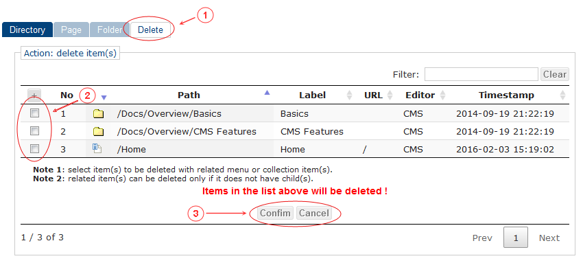 Delete Folder Page Confirm | CMS Tools Pages | Documentation (image)