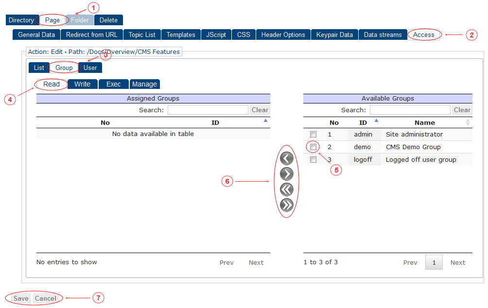 New Edit Page Access Control Rights | CMS Tools Pages | Documentation (image)