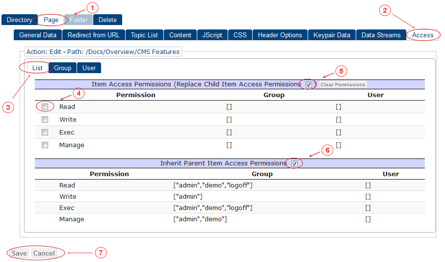 New Edit Page Access Control List | CMS Tools Pages | Documentation (image)