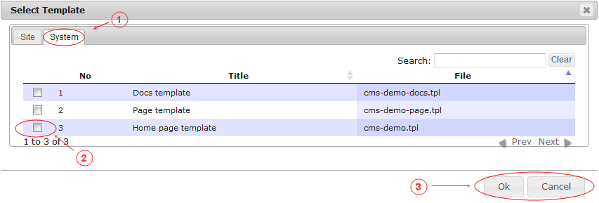 New Edit Page General Data | CMS Tools Pages | Documentation: select template from system defined list (image)